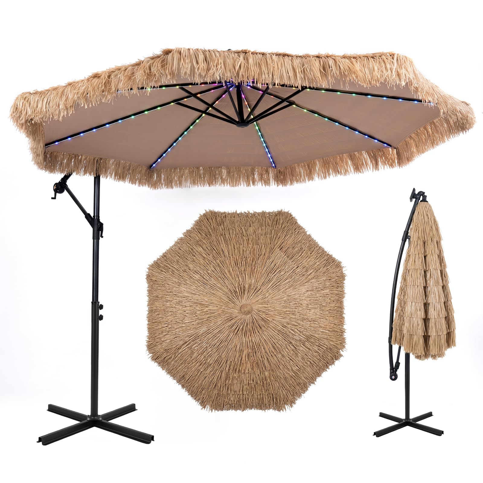 Tangkula 10 FT Solar Tiki Patio Umbrella with 96 Multi-color Flowing LED Lights
